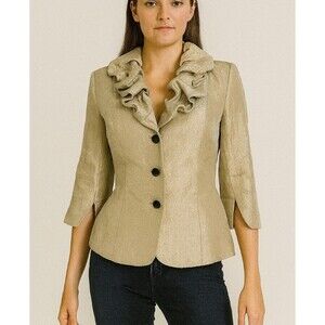 Adrianna Papell ivory/Gold Cropped Jacket button up half sleeve ruffle collar 4